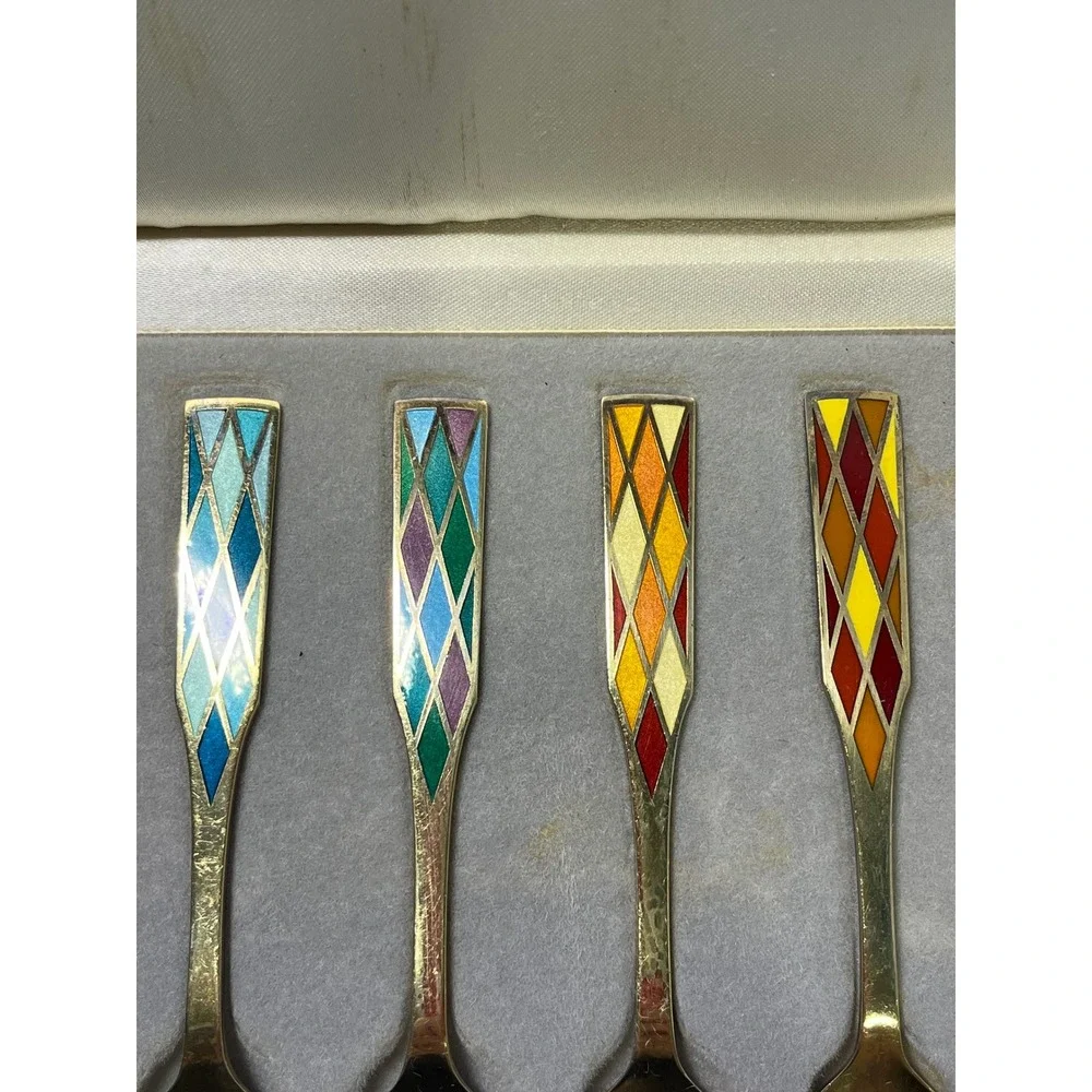 Vintage‎ Georg Jensen Sterling Silver Enamel Harlequin Dessert 7 Forks Denmark